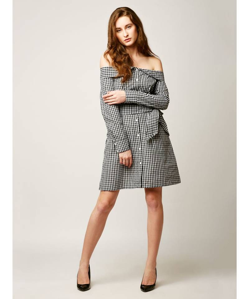 Women's Black And White Bardot Neck full_sleeve Cotton Checkered Mini A-Line Belted Shirt Dress