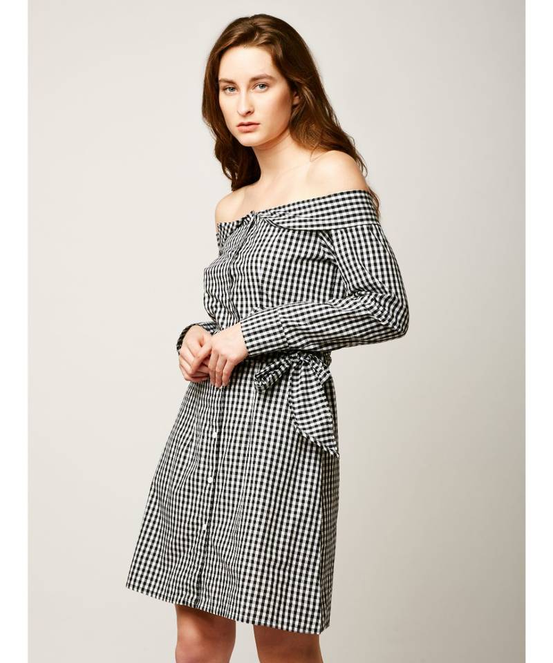 Women's Black And White Bardot Neck full_sleeve Cotton Checkered Mini A-Line Belted Shirt Dress