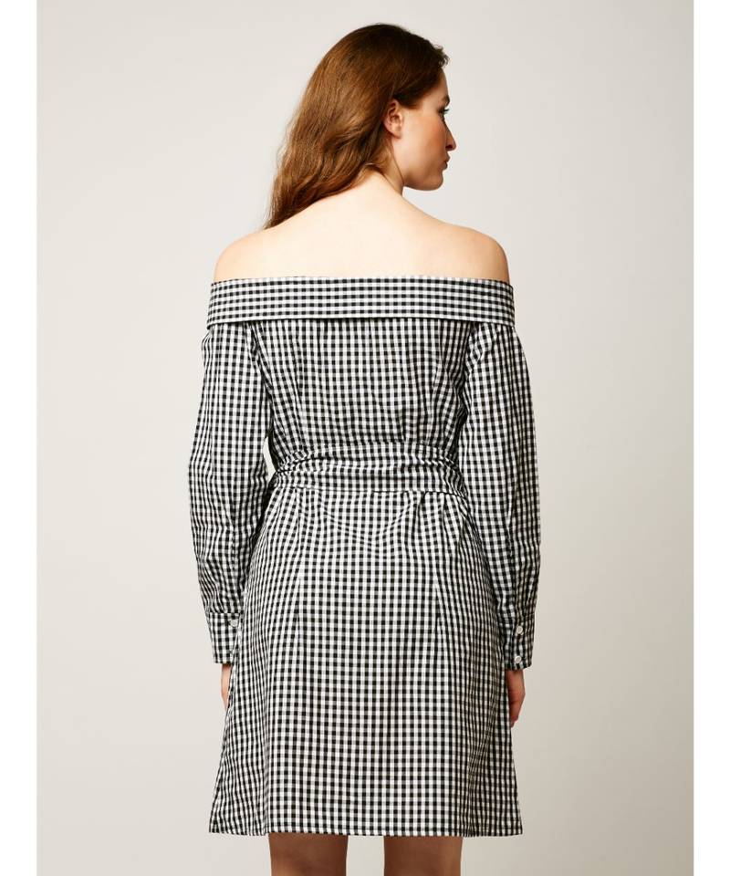Women's Black And White Bardot Neck full_sleeve Cotton Checkered Mini A-Line Belted Shirt Dress