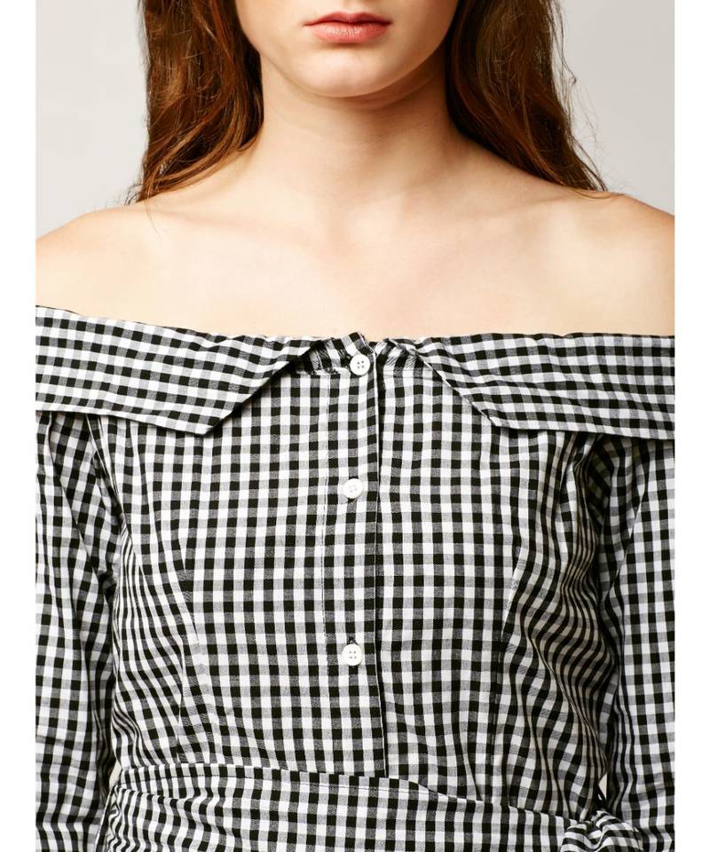 Women's Black And White Bardot Neck full_sleeve Cotton Checkered Mini A-Line Belted Shirt Dress