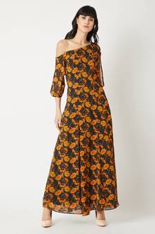 Women's Multicolored One Shoulder Slit 3/4 Sleeve Floral A-Line Maxi Dress