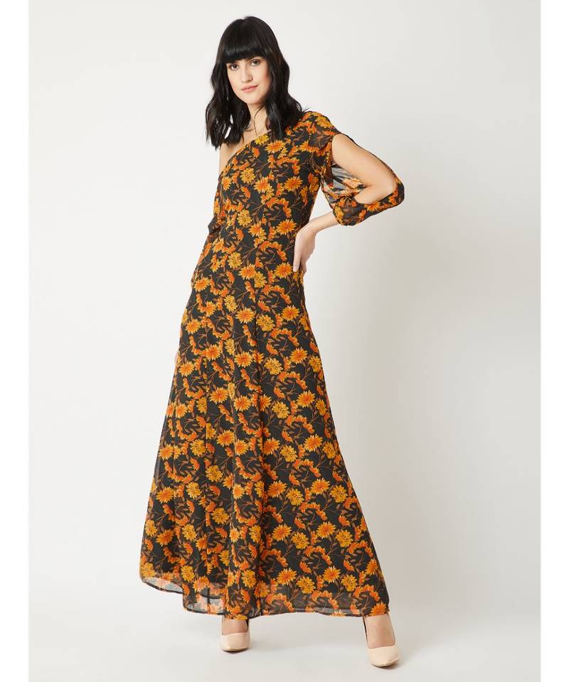 Women's Multicolored One Shoulder Slit 3/4 Sleeve Floral A-Line Maxi Dress
