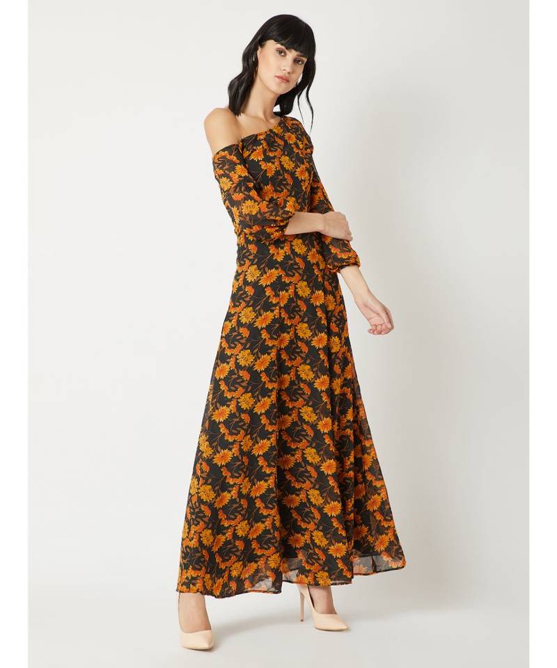 Women's Multicolored One Shoulder Slit 3/4 Sleeve Floral A-Line Maxi Dress