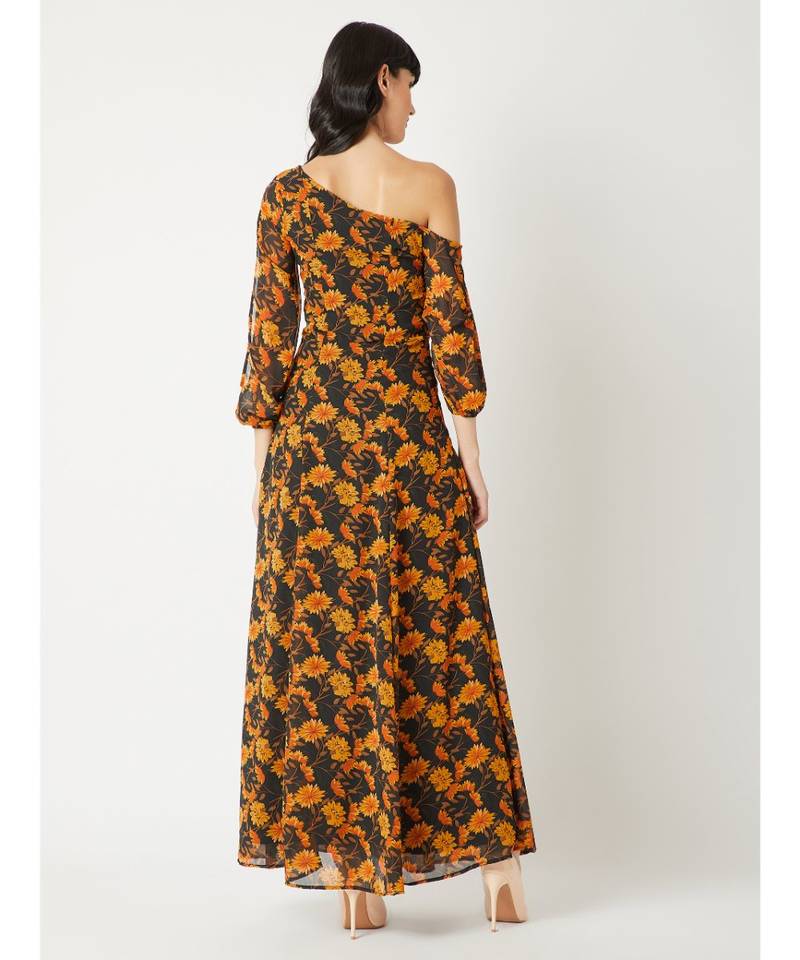 Women's Multicolored One Shoulder Slit 3/4 Sleeve Floral A-Line Maxi Dress