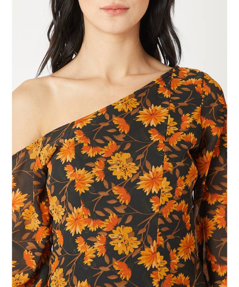 Women's Multicolored One Shoulder Slit 3/4 Sleeve Floral A-Line Maxi Dress