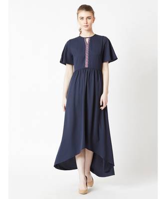 Women's Navy Blue Round Neck Half Sleeve Solid High-Low Embroidered Cut-Out Maxi Dress 1