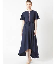 Women's Navy Blue Round Neck Half Sleeve Solid High-Low Embroidered Cut-Out Maxi Dress