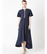 Women's Navy Blue Round Neck Half Sleeve Solid High-Low Embroidered Cut-Out Maxi Dress