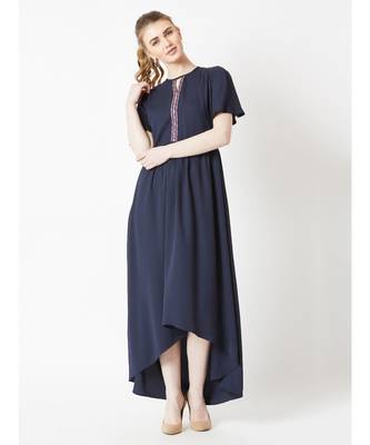 Women's Navy Blue Round Neck Half Sleeve Solid High-Low Embroidered Cut-Out Maxi Dress 2