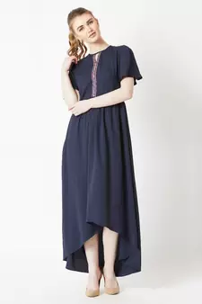 Women's Navy Blue Round Neck Half Sleeve Solid High-Low Embroidered Cut-Out Maxi Dress