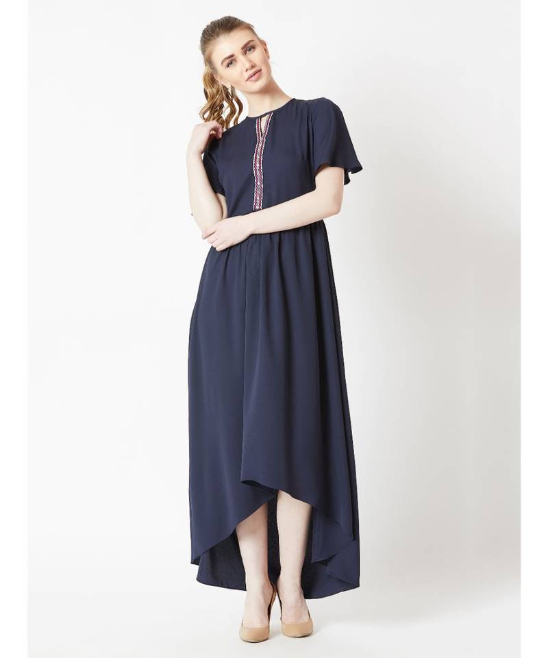 Women's Navy Blue Round Neck Half Sleeve Solid High-Low Embroidered Cut-Out Maxi Dress