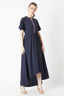 Women's Navy Blue Round Neck Half Sleeve Solid High-Low Embroidered Cut-Out Maxi Dress