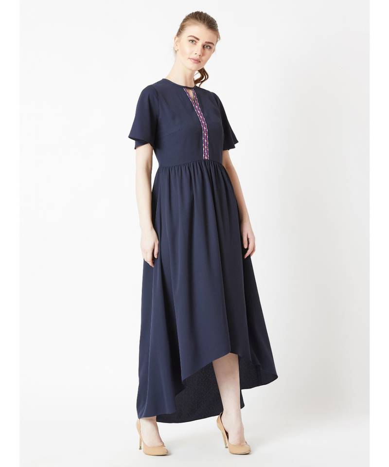 Women's Navy Blue Round Neck Half Sleeve Solid High-Low Embroidered Cut-Out Maxi Dress