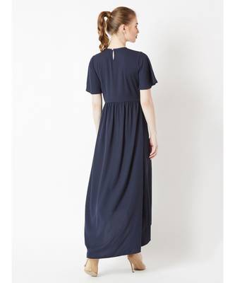 Women's Navy Blue Round Neck Half Sleeve Solid High-Low Embroidered Cut-Out Maxi Dress 4