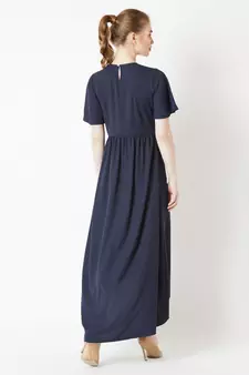 Women's Navy Blue Round Neck Half Sleeve Solid High-Low Embroidered Cut-Out Maxi Dress