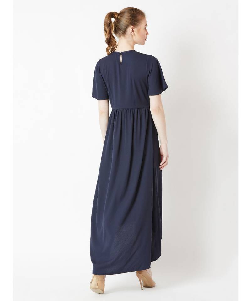 Women's Navy Blue Round Neck Half Sleeve Solid High-Low Embroidered Cut-Out Maxi Dress