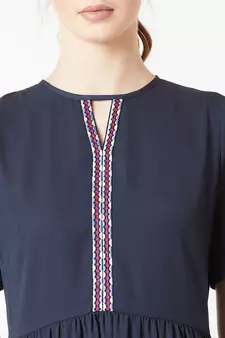 Women's Navy Blue Round Neck Half Sleeve Solid High-Low Embroidered Cut-Out Maxi Dress
