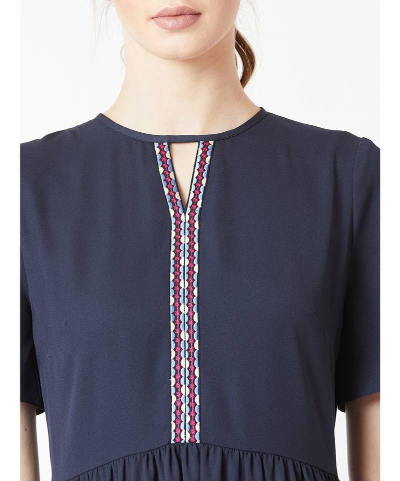 Women's Navy Blue Round Neck Half Sleeve Solid High-Low Embroidered Cut-Out Maxi Dress