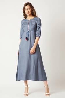 Women's Steel Grey Round Neck Gathered 3/4 Sleeves Solid Embroidered And Tasseled Detailing Maxi Dress
