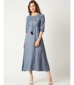 Women's Steel Grey Round Neck Gathered 3/4 Sleeves Solid Embroidered And Tasseled Detailing Maxi Dress