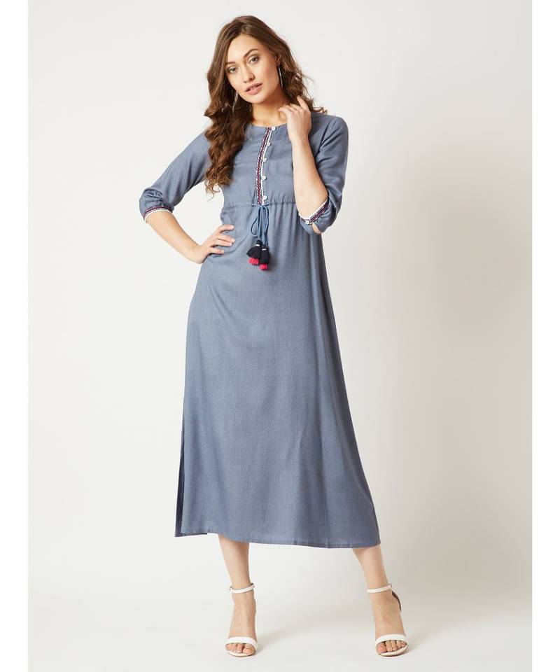 Women's Steel Grey Round Neck Gathered 3/4 Sleeves Solid Embroidered And Tasseled Detailing Maxi Dress