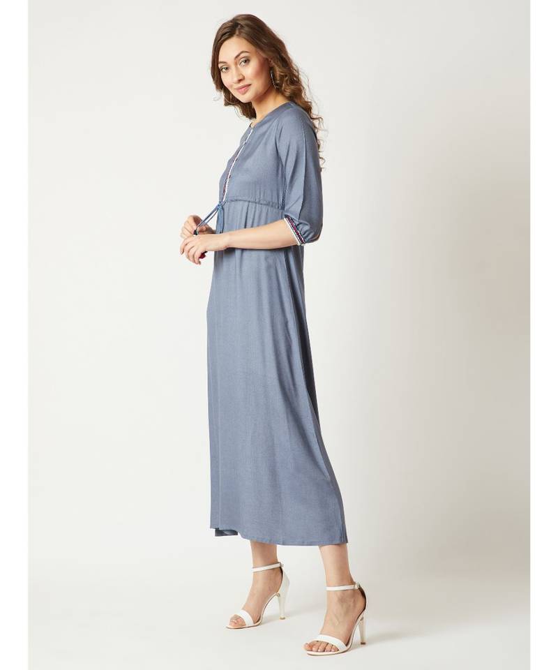 Women's Steel Grey Round Neck Gathered 3/4 Sleeves Solid Embroidered And Tasseled Detailing Maxi Dress