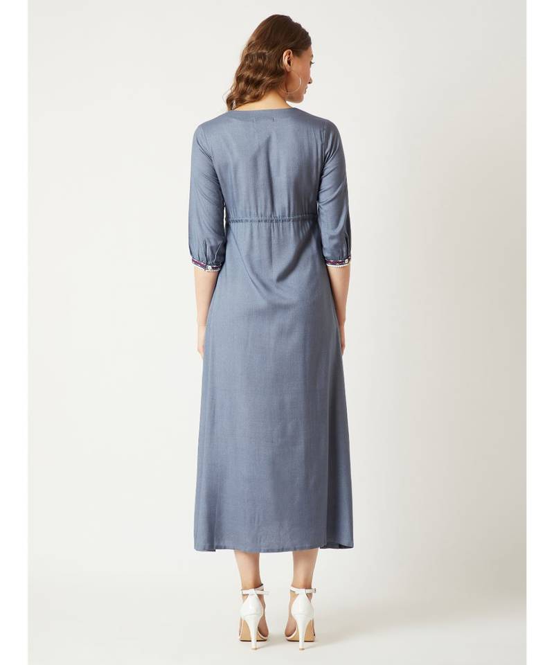 Women's Steel Grey Round Neck Gathered 3/4 Sleeves Solid Embroidered And Tasseled Detailing Maxi Dress