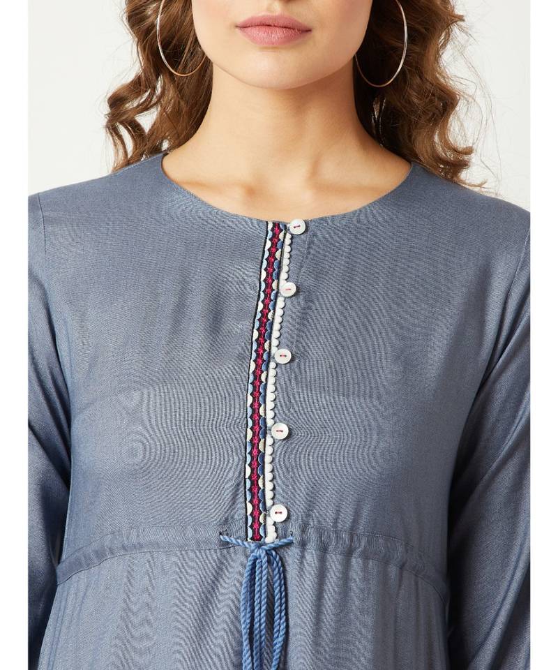 Women's Steel Grey Round Neck Gathered 3/4 Sleeves Solid Embroidered And Tasseled Detailing Maxi Dress