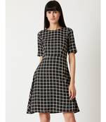 Women's Multicolored With A Black Base Round Neck Half Sleeve Checkered Knee-Long Skater Dress