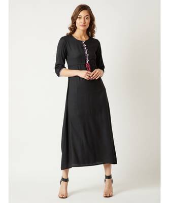 Women's Black Round Neck Gathered Sleeves Solid Multicolored Embroidered Tassel Detailing Maxi Dress 1