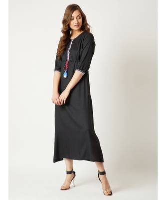 Women's Black Round Neck Gathered Sleeves Solid Multicolored Embroidered Tassel Detailing Maxi Dress 2
