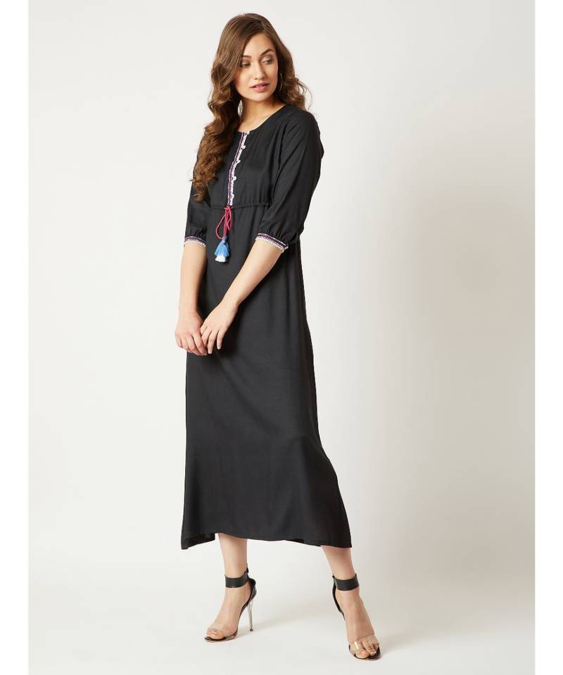 Women's Black Round Neck Gathered Sleeves Solid Multicolored Embroidered Tassel Detailing Maxi Dress