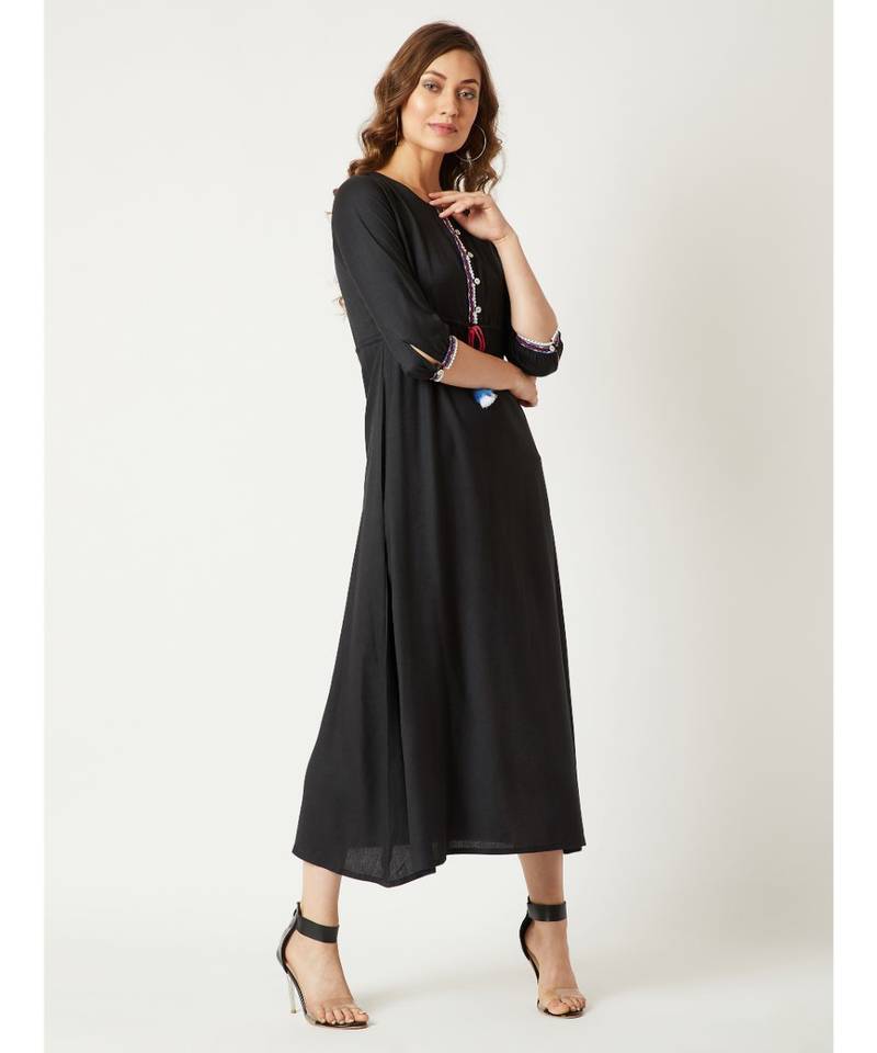 Women's Black Round Neck Gathered Sleeves Solid Multicolored Embroidered Tassel Detailing Maxi Dress