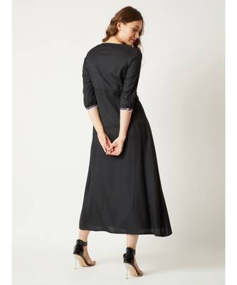 Women's Black Round Neck Gathered Sleeves Solid Multicolored Embroidered Tassel Detailing Maxi Dress 4