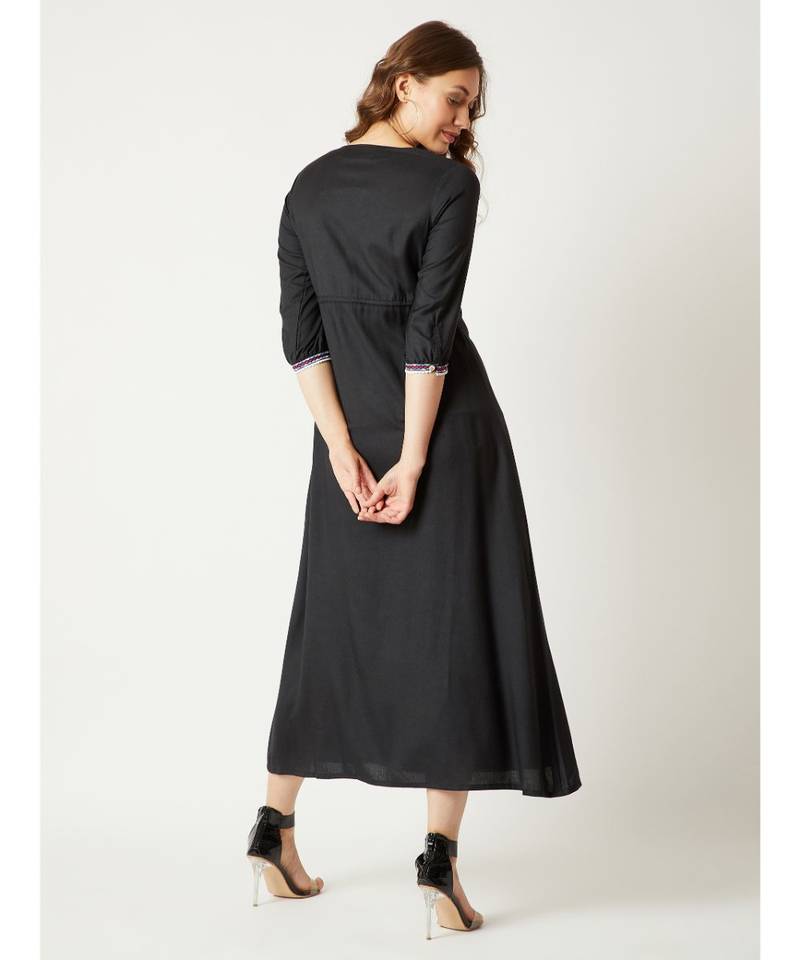 Women's Black Round Neck Gathered Sleeves Solid Multicolored Embroidered Tassel Detailing Maxi Dress