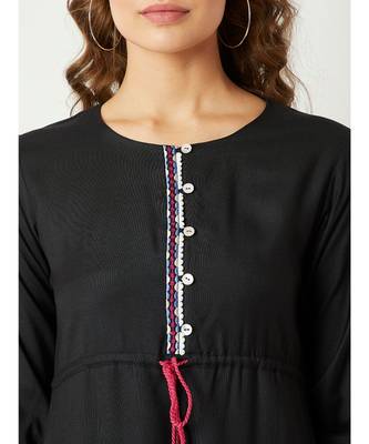 Women's Black Round Neck Gathered Sleeves Solid Multicolored Embroidered Tassel Detailing Maxi Dress 5
