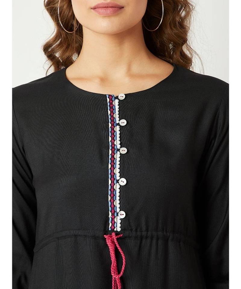 Women's Black Round Neck Gathered Sleeves Solid Multicolored Embroidered Tassel Detailing Maxi Dress