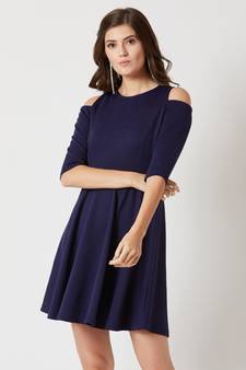 Women's Navy Blue Round Neck 3/4 Sleeve Solid Cut-Out Knee-Long Skater Dress