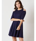 Women's Navy Blue Round Neck 3/4 Sleeve Solid Cut-Out Knee-Long Skater Dress