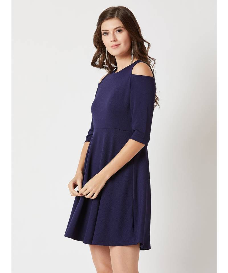 Women's Navy Blue Round Neck 3/4 Sleeve Solid Cut-Out Knee-Long Skater Dress