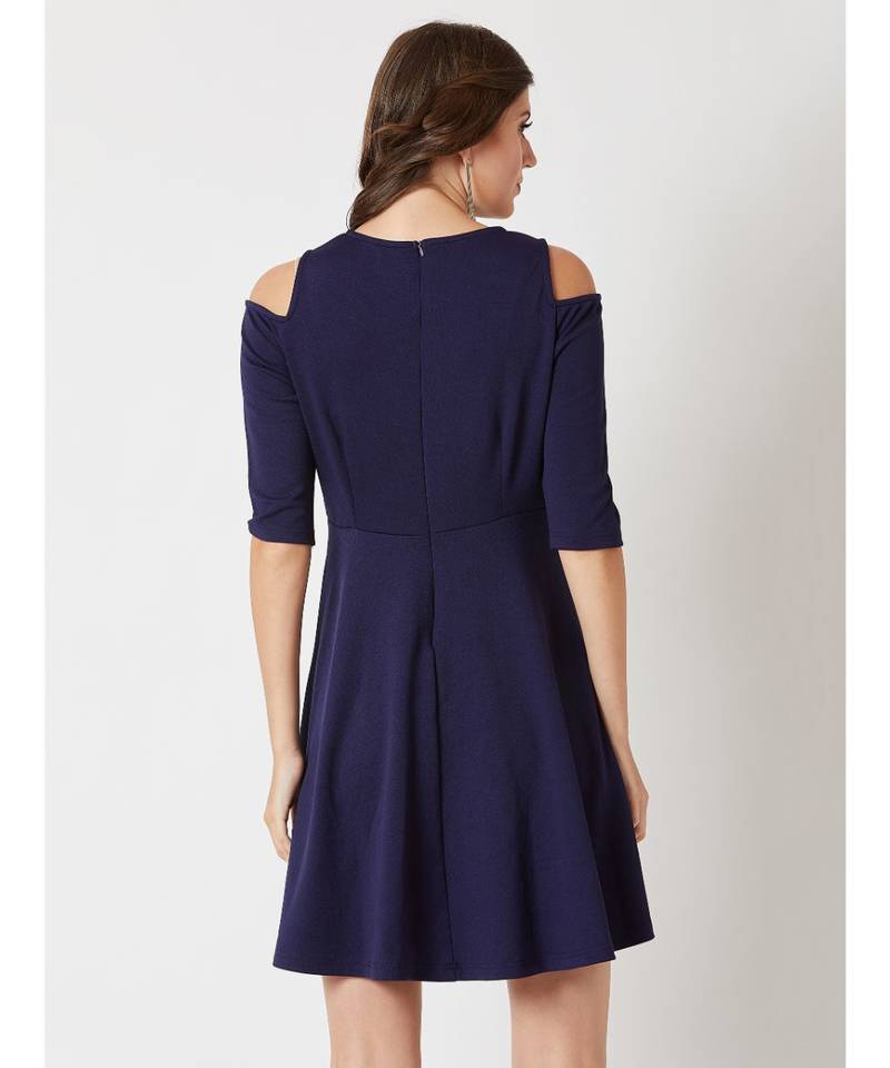 Women's Navy Blue Round Neck 3/4 Sleeve Solid Cut-Out Knee-Long Skater Dress