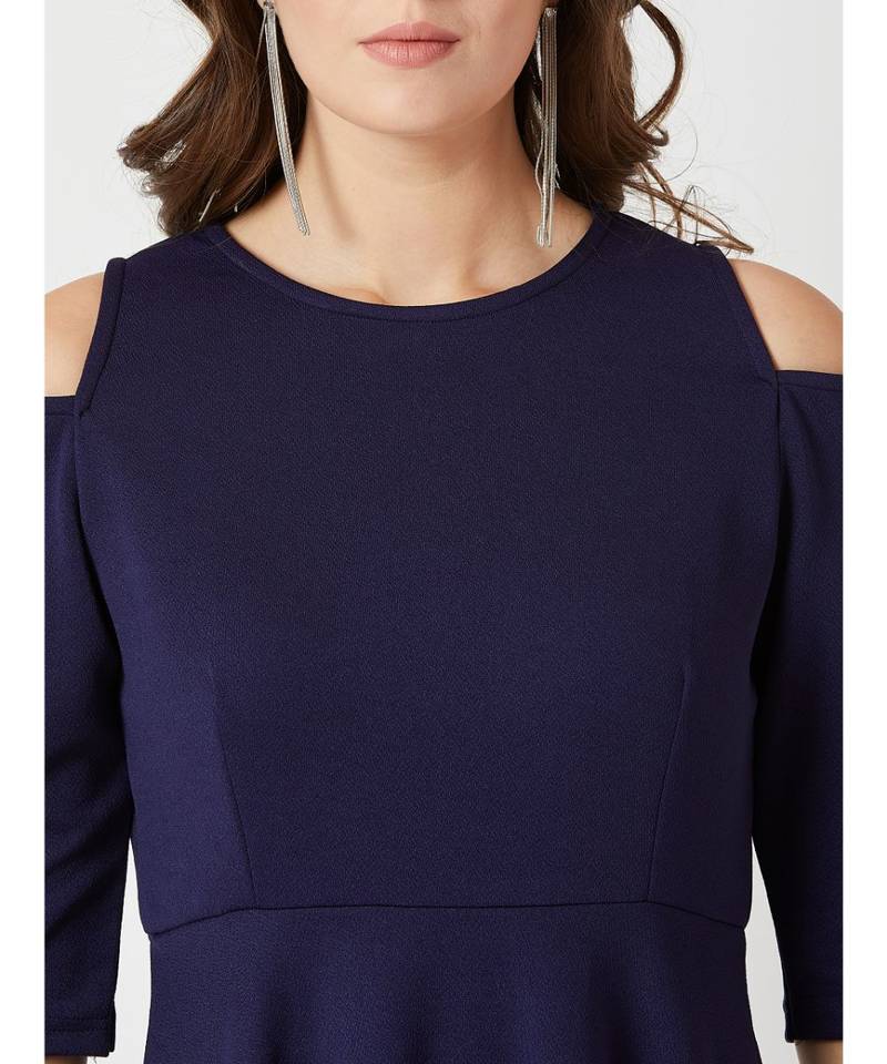 Women's Navy Blue Round Neck 3/4 Sleeve Solid Cut-Out Knee-Long Skater Dress