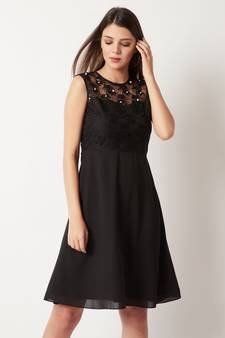 Women's Black Round Neck Sleeveless Solid Paneled Lace And Pearl Detailing Knee Length Skater Dress
