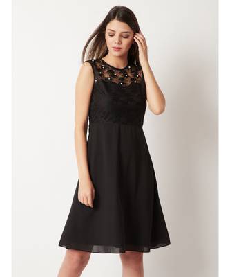 Women's Black Round Neck Sleeveless Solid Paneled Lace And Pearl Detailing Knee Length Skater Dress 1