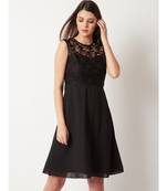 Women's Black Round Neck Sleeveless Solid Paneled Lace And Pearl Detailing Knee Length Skater Dress