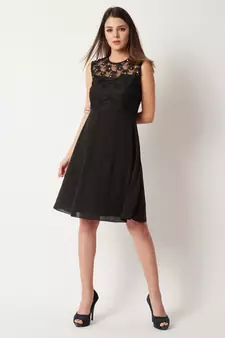 Women's Black Round Neck Sleeveless Solid Paneled Lace And Pearl Detailing Knee Length Skater Dress