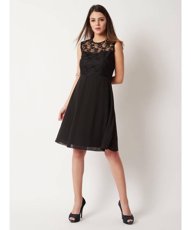 Women's Black Round Neck Sleeveless Solid Paneled Lace And Pearl Detailing Knee Length Skater Dress