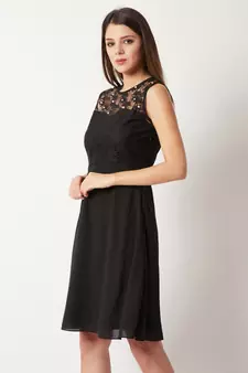 Women's Black Round Neck Sleeveless Solid Paneled Lace And Pearl Detailing Knee Length Skater Dress