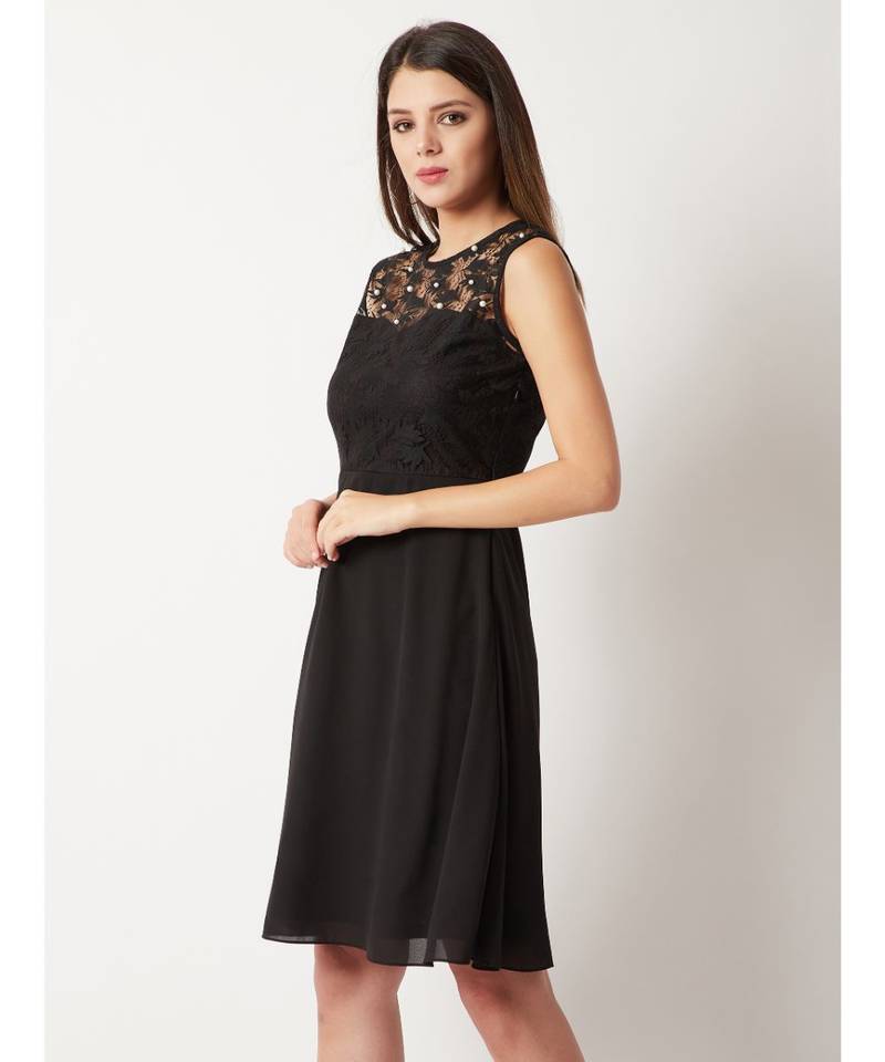 Women's Black Round Neck Sleeveless Solid Paneled Lace And Pearl Detailing Knee Length Skater Dress