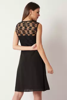 Women's Black Round Neck Sleeveless Solid Paneled Lace And Pearl Detailing Knee Length Skater Dress